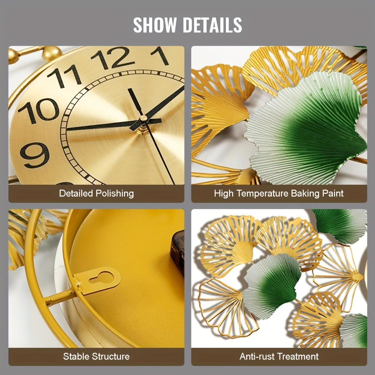 36 Inch Large Wall Clocks For Living Room Decor, Metal Ginkgo Leaf Wall Clock, Silent Non-Ticking Decorative Wall Clocks For Bedroom Kicthen