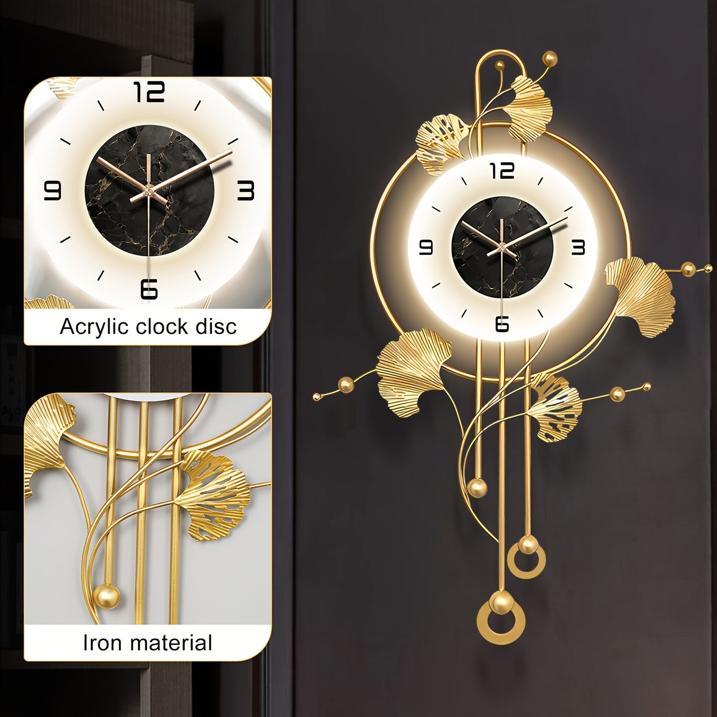 Elegant Decorative Wall Clock with LED Light, 28x20in Metal Ginkgo Leaf Wall Clock, Modern Silent Metal Timepiece, Creative Wall Art Clocks Home Accent, Large Golden Wall Clock