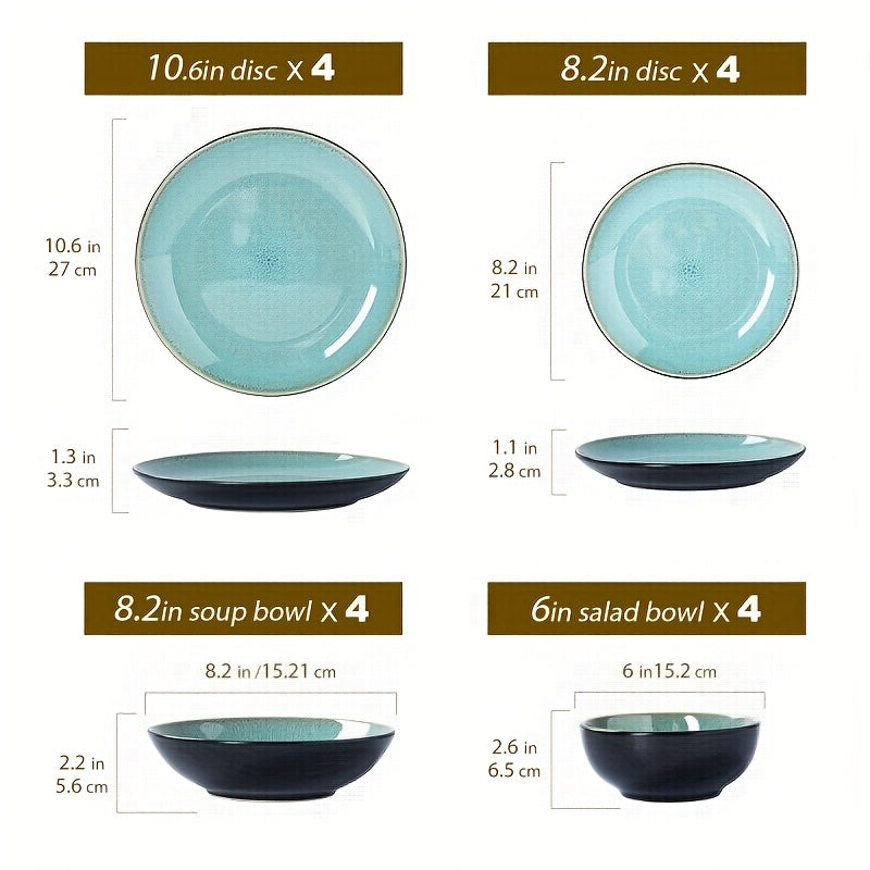 16pcs Handcrafted Kiln-transformed Green Ceramic Tableware Set, 4-person Ceramic Tableware Set - Including Dinner Plates, Salad Plates, And Cereal Bowls - Suitable For Microwave And Dishwasher, Scratch-resistant, Tableware Se