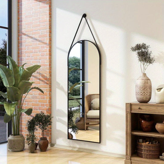 BEAUTYPEAK 16''x48'' Full Length Mirror With Hanging Leather Cord, Modern Aluminum Frame Full Body Hanging Mirror For Bathroom Vanity, Living Room, Bedroom, Entrance