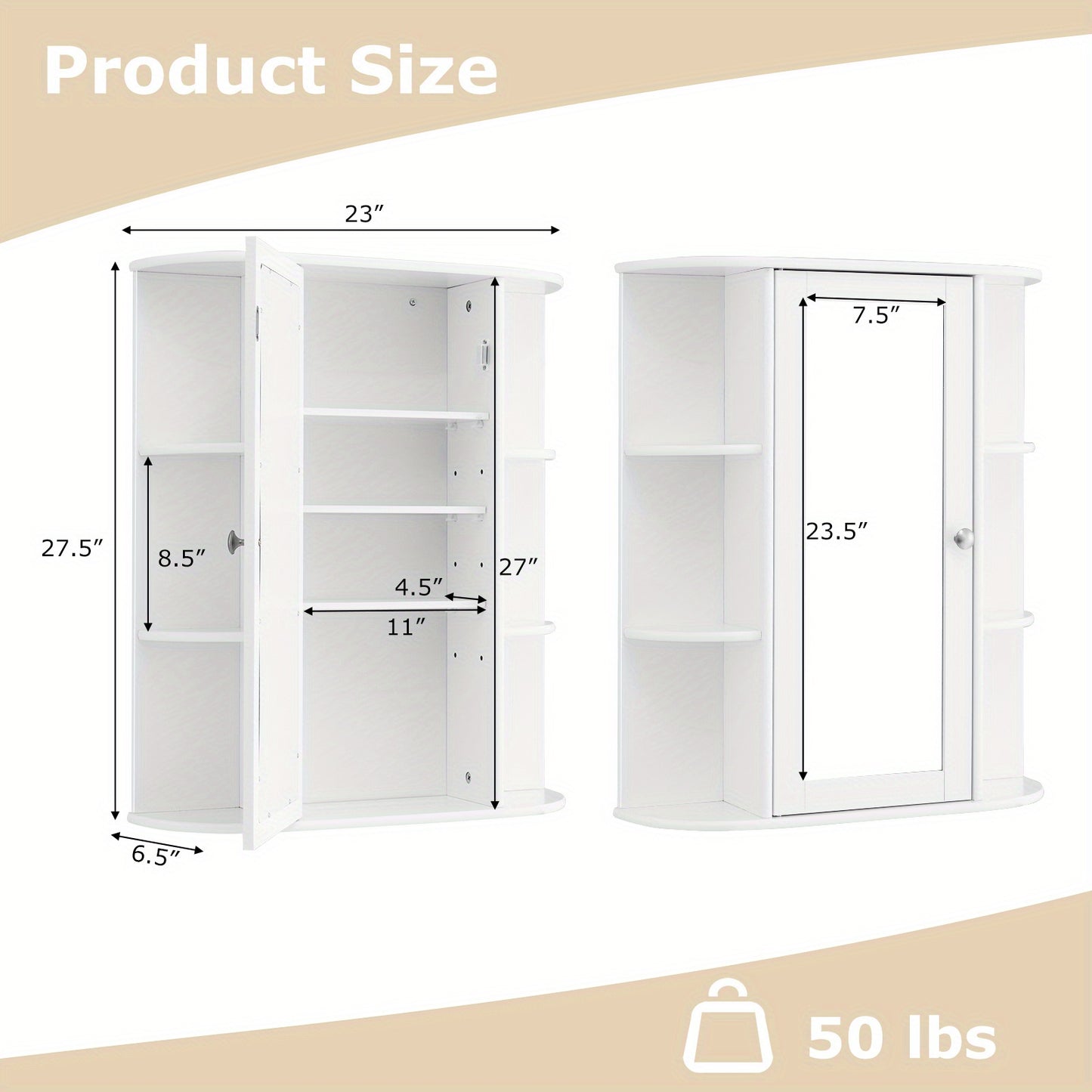 MULTIGOT Bathroom Medicine Cabinet with Mirror, Wall Mounted Storage Cabinet w/ Single Mirror Door, 3 Adjustable Shelves & 6 Fixed Shelves, Wall Cabinet for Bathroom, Living Room, White