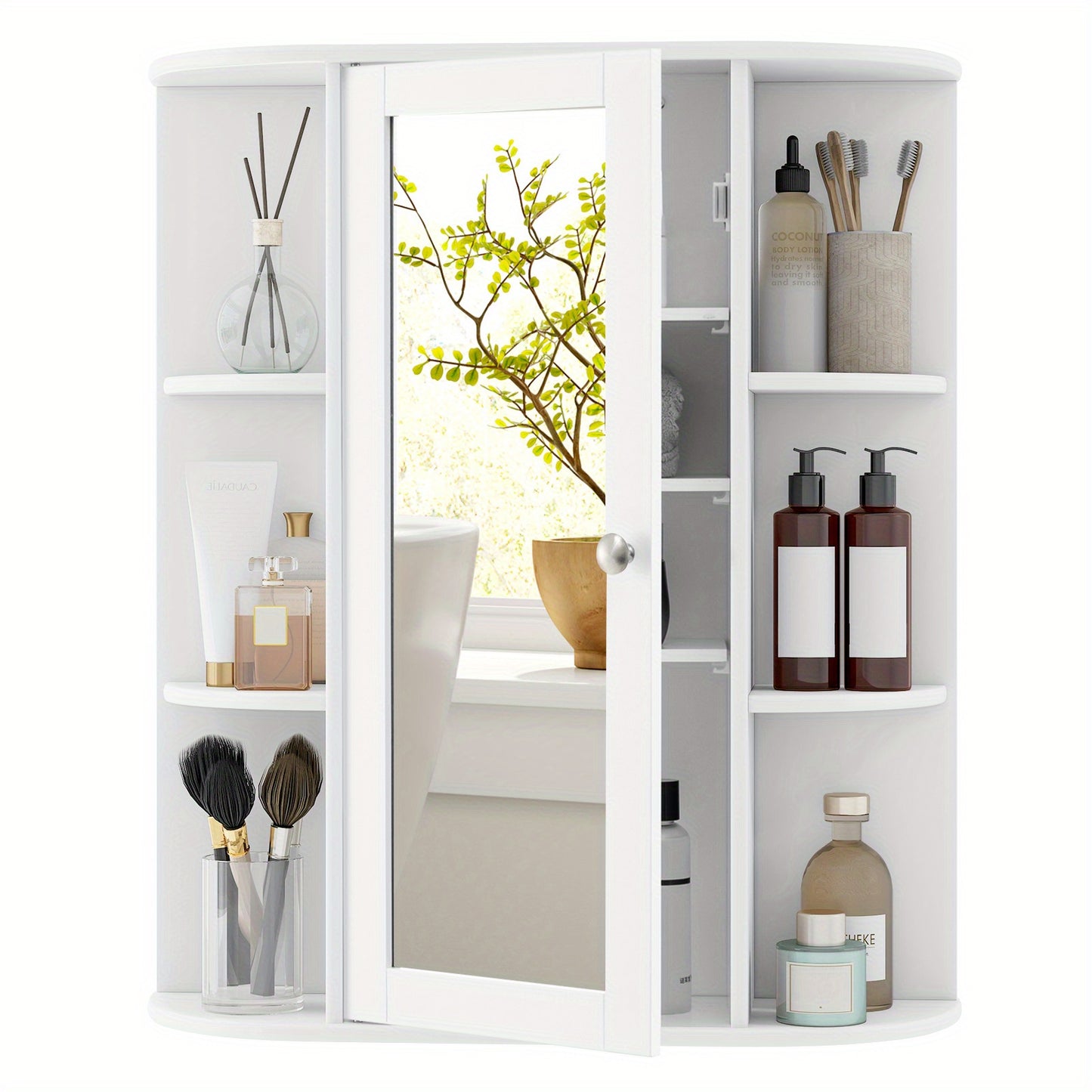 MULTIGOT Bathroom Medicine Cabinet with Mirror, Wall Mounted Storage Cabinet w/ Single Mirror Door, 3 Adjustable Shelves & 6 Fixed Shelves, Wall Cabinet for Bathroom, Living Room, White