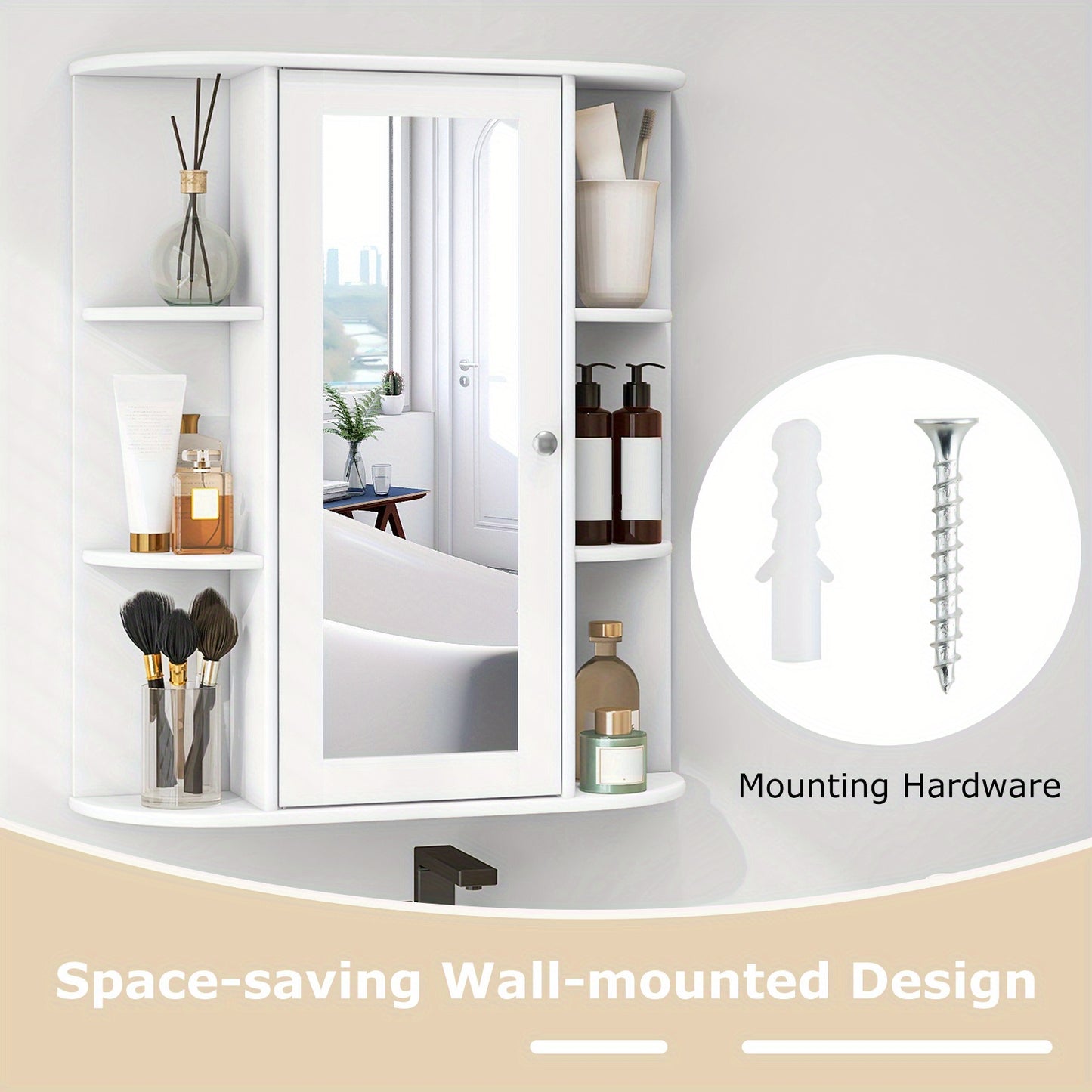 MULTIGOT Bathroom Medicine Cabinet with Mirror, Wall Mounted Storage Cabinet w/ Single Mirror Door, 3 Adjustable Shelves & 6 Fixed Shelves, Wall Cabinet for Bathroom, Living Room, White