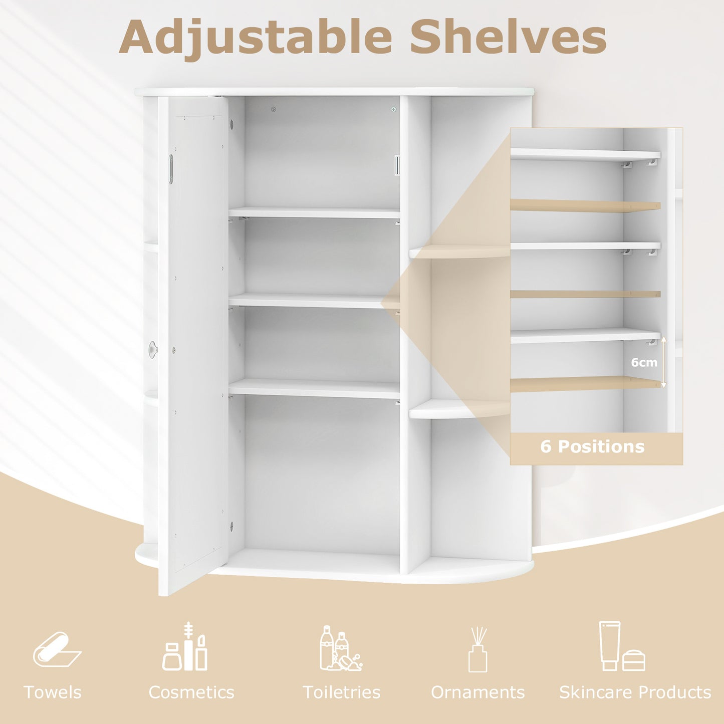 MULTIGOT Bathroom Medicine Cabinet with Mirror, Wall Mounted Storage Cabinet w/ Single Mirror Door, 3 Adjustable Shelves & 6 Fixed Shelves, Wall Cabinet for Bathroom, Living Room, White