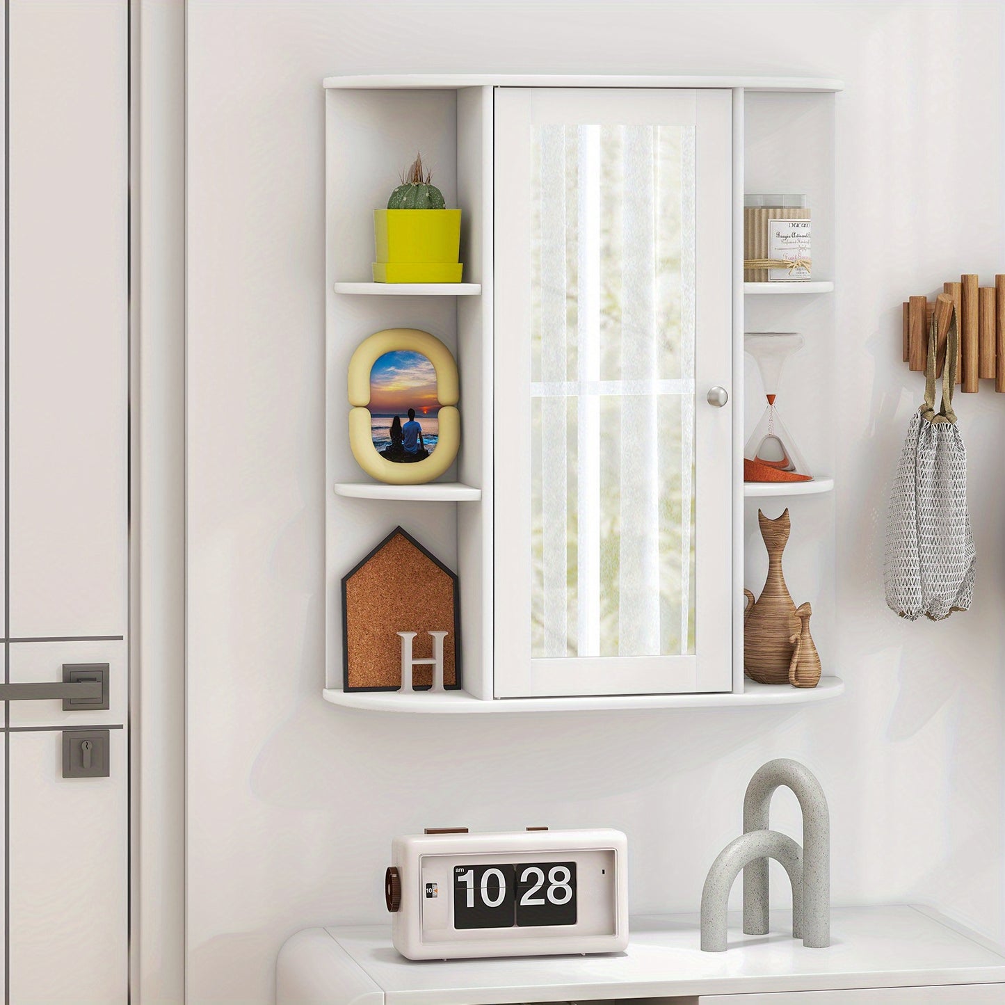 MULTIGOT Bathroom Medicine Cabinet with Mirror, Wall Mounted Storage Cabinet w/ Single Mirror Door, 3 Adjustable Shelves & 6 Fixed Shelves, Wall Cabinet for Bathroom, Living Room, White