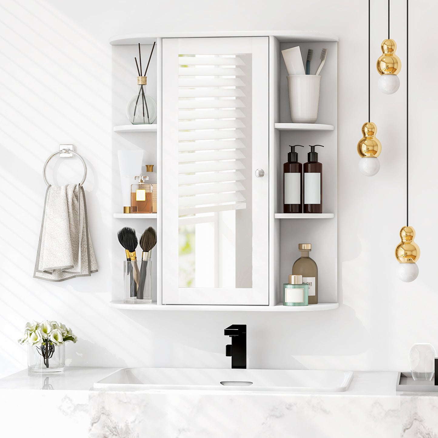 MULTIGOT Bathroom Medicine Cabinet with Mirror, Wall Mounted Storage Cabinet w/ Single Mirror Door, 3 Adjustable Shelves & 6 Fixed Shelves, Wall Cabinet for Bathroom, Living Room, White