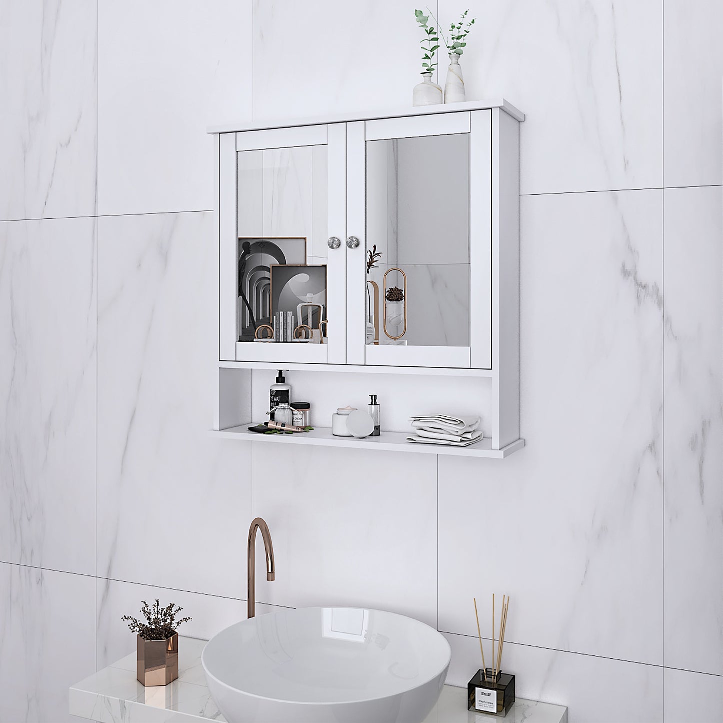 White 2-Door Adjustable Shelf Medicine Cabinet Organizer - Wall Mounted Bathroom Storage Cabinet for Kitchen Laundry Room Hotels