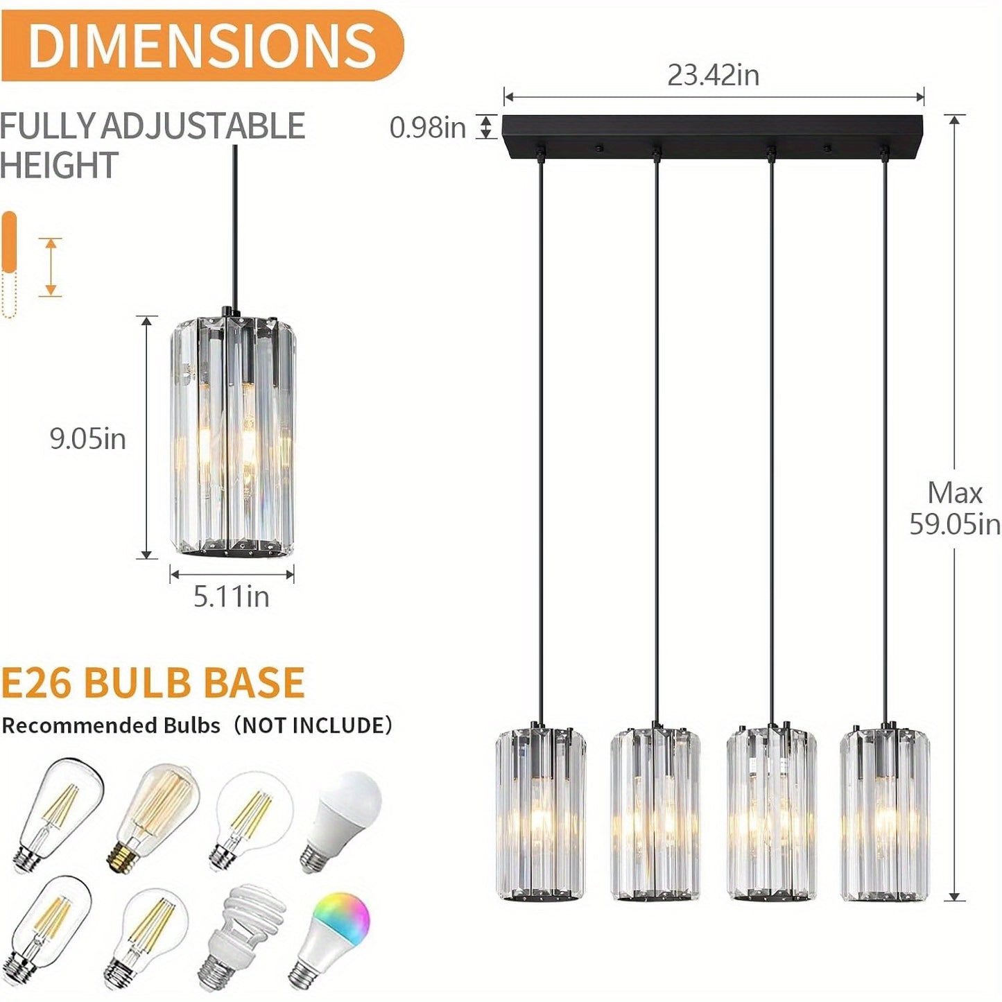 1pc WTRNP Modern Dimmable Crystal Chandelier Pendant Light, Polished Metal Semi Flush Mount with Push Button Control, E26 Bulb Base, 110V Hard-Wired for Kitchen Island, Dining Room, Corridor, Bedroom - Installation Hardware I