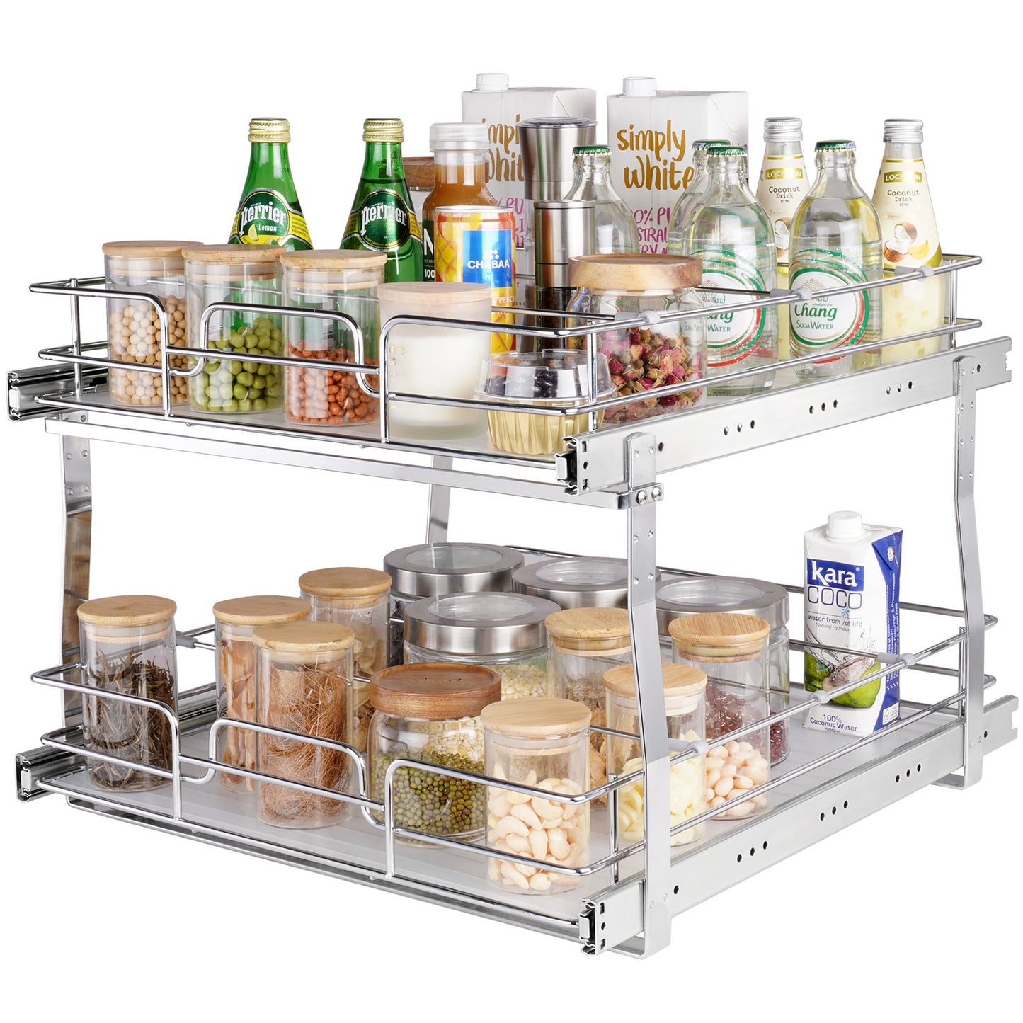 VEVOR 2 Tier 19"W x 20"D Pull Out Cabinet Organizer, Heavy Duty Slide Out Pantry Shelves, Chrome-Plated Steel Roll Out Drawers, Sliding Drawer Storage for Inside Kitchen Cabinet, Bathroom, Under Sink