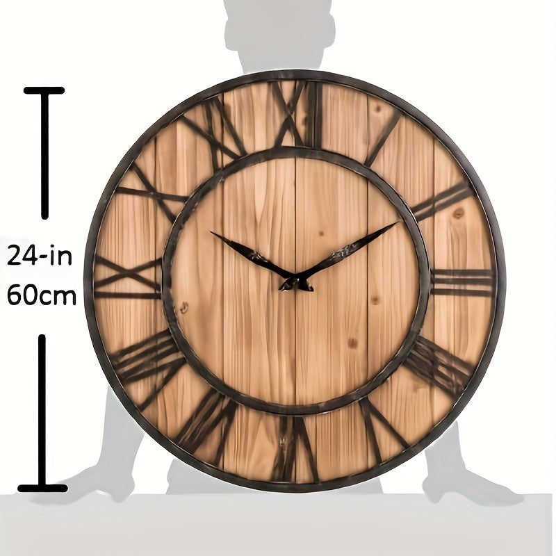 24 Inch Large Modern Farmhouse Wall Clock Rustic Wood with Metal Roman Numerals, Oversized Home Wall Hanging Decorative Clock for Office Kitchen Bedroom Living Room, Silent Battery Operated