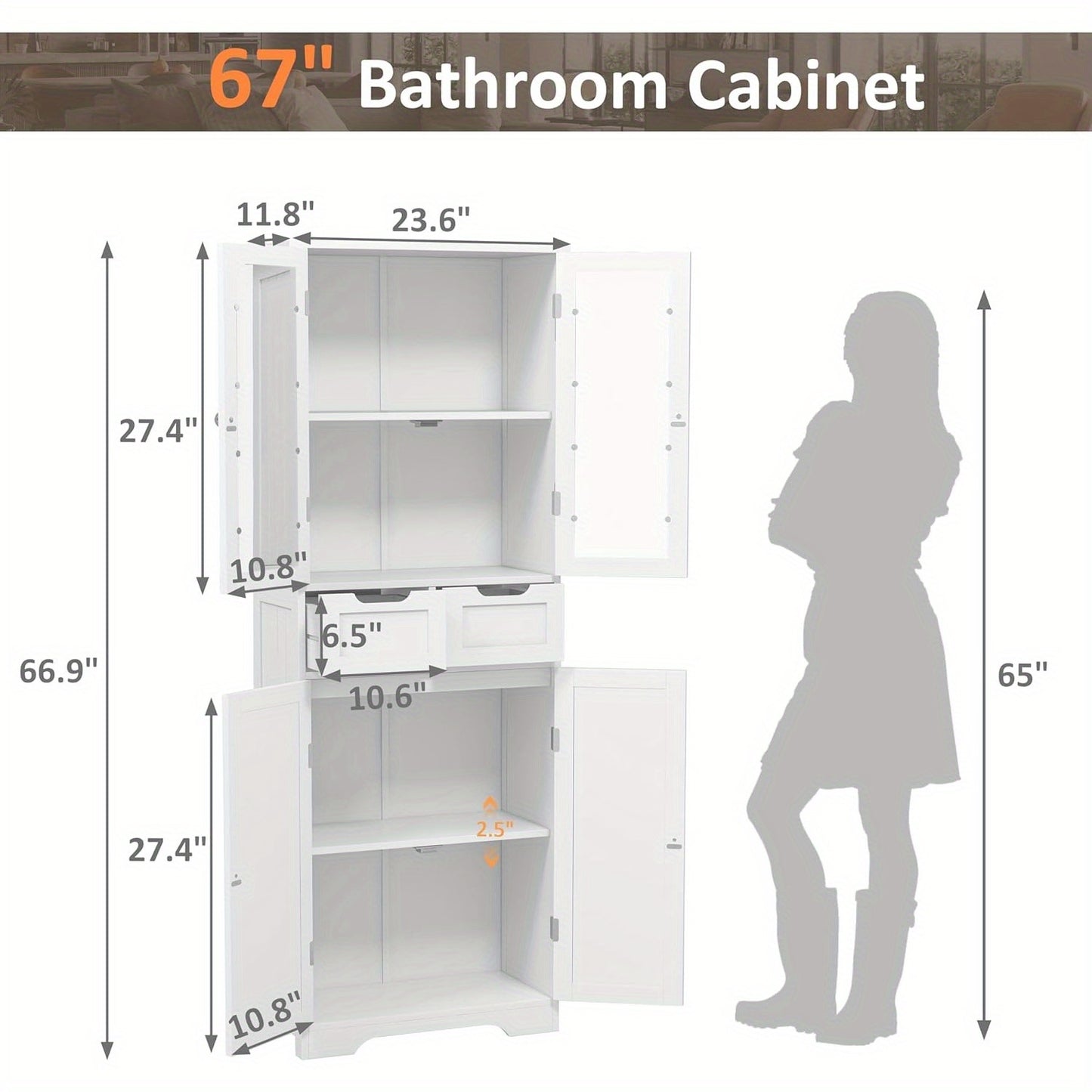 [Freestanding Bathroom Cabinet] 67" Tall Freestanding Bathroom Storage Cabinet with Glass Doors and Shelves | Large Linen Pantry Cabinet with 2 Drawers for Living Room, Kitchen, Dining Room, Office