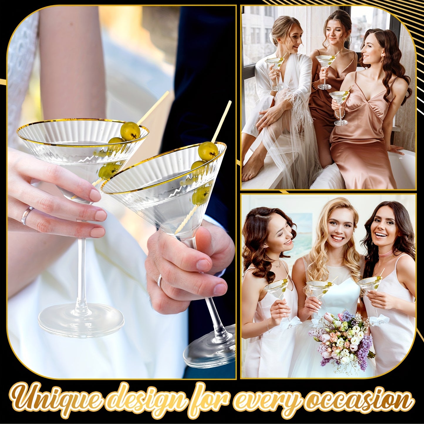 Golden Rim Martini Glasses Set Of 4 Ribbed Coupe Glasses with Stem 9oz Reusable Crystal Champagne Cocktail Margarita Whiskey Tequila Glassware for Girls Nights Wedding Housewarming Gifts