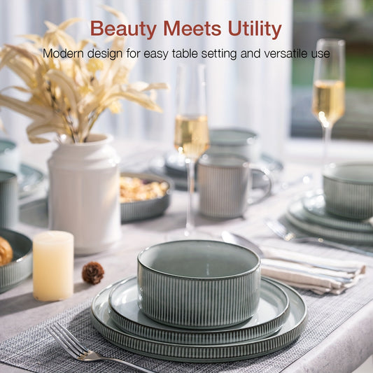 [Stoneware Dinnerware Sets] 12pcs Stoneware Dinnerware Sets for 4 | Round Plates and Bowls Set, Ribbed, Dishwasher & Microwave-Safe, Smoky Blue - Perfect for Christmas, Thanksgiving, Easter, New Years