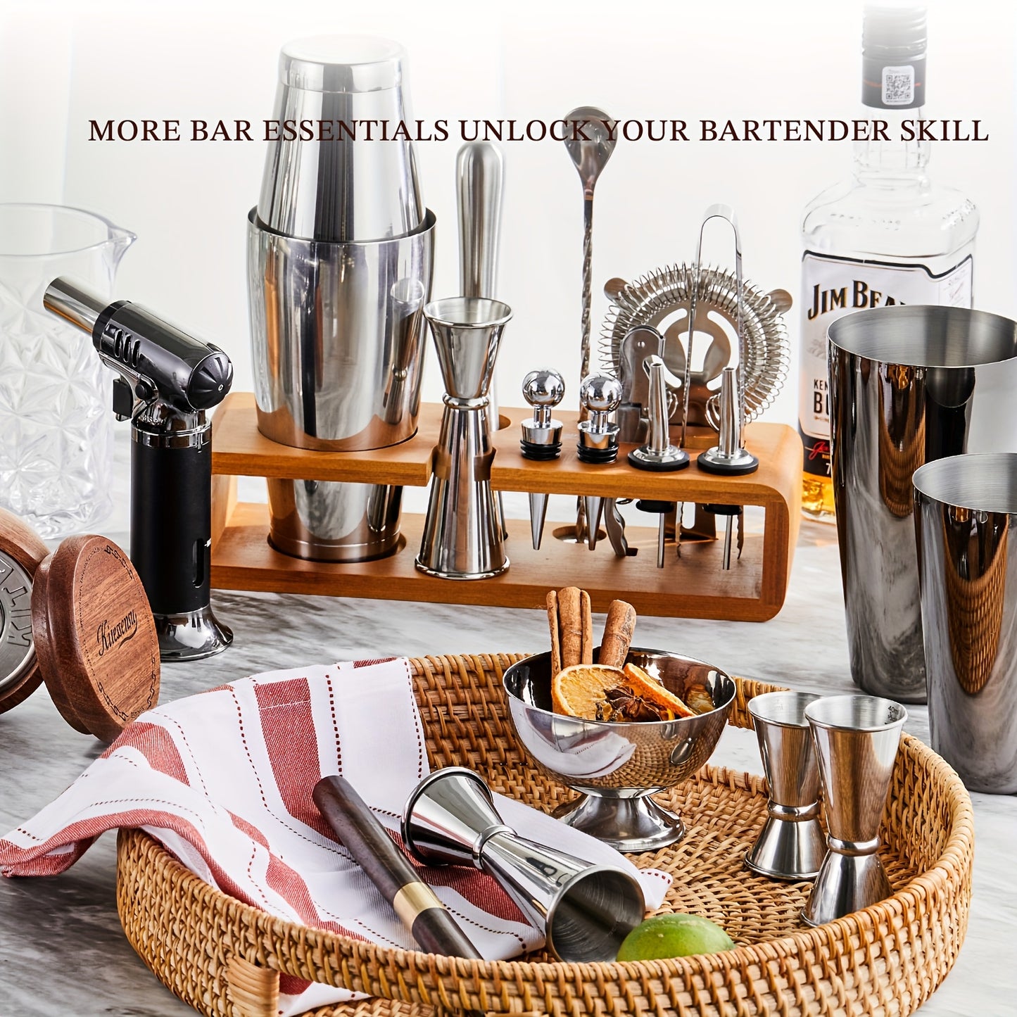 Cocktail Shaker Set Bartender Kit with Stand | Bar Set Drink Mixer Set with All Essential Accessory Tools: Martini Shaker, Jigger, Strainer, Mixer Spoon, Muddler, Liquor Pourers |Silvery