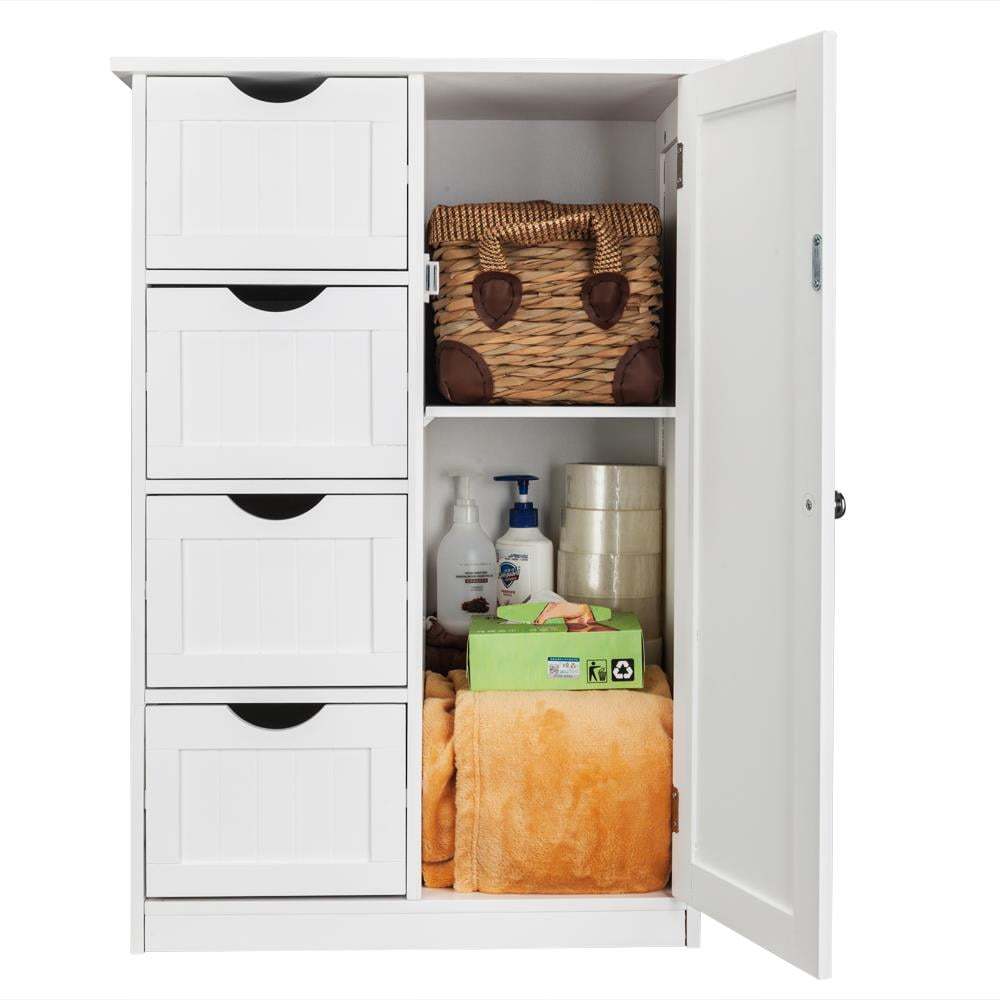 Modern White Metal Bathroom Floor Cabinet with 4-Drawer Storage & Door Cupboard - Space-Saving Vertical Organizer, Moisture-Resistant Design, Golden-Toned Hardware, Compact Modern Bathroom Storage Cabinet for Small Bathrooms,