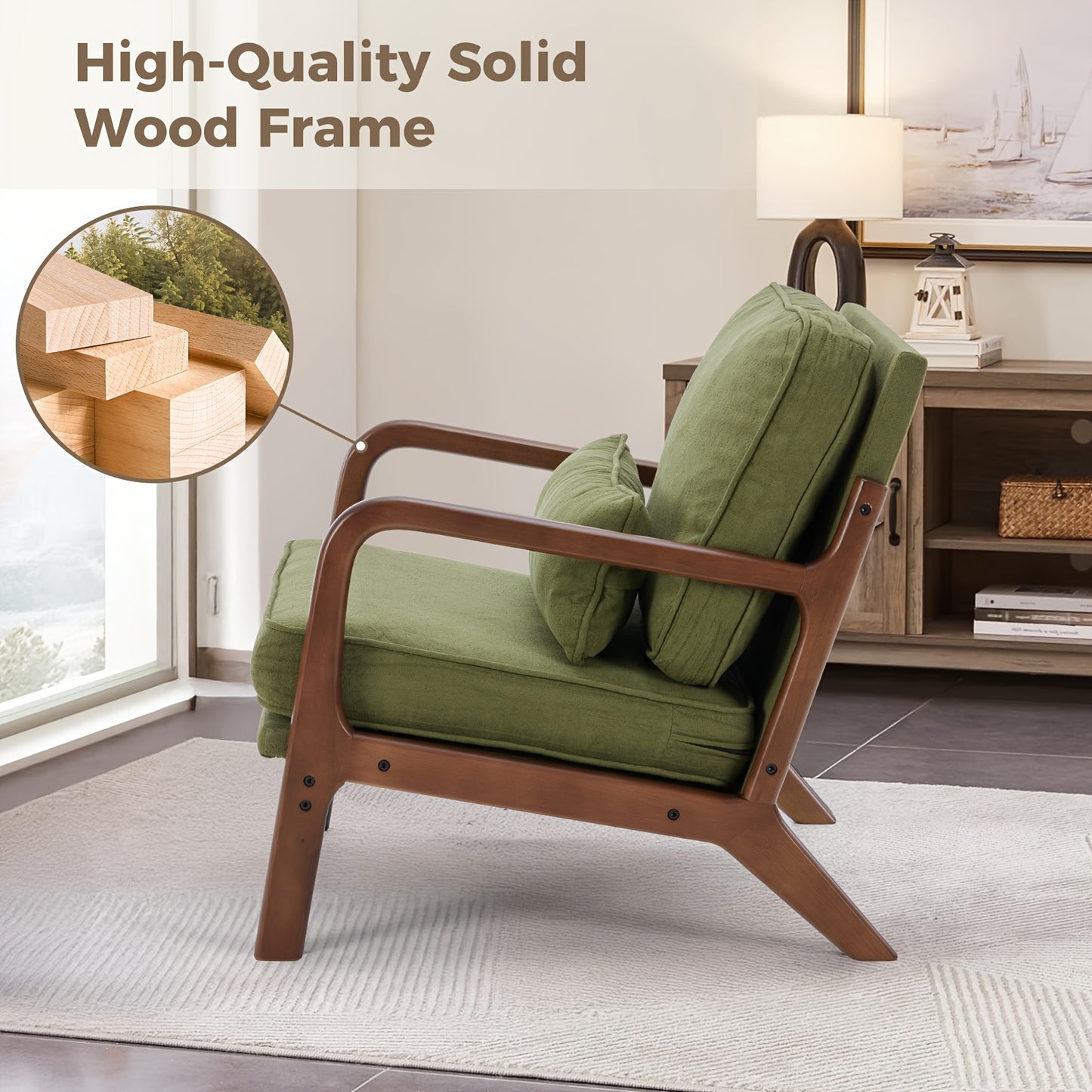 Mid Century Modern Accent Chair with Arms - Heavy-Duty 300 Weight Capacity Ergonomic Lounge Chair, Solid Wood Frame & Green Upholstery-like Foam Cushion (No Fabric for legs) Living Room, Bedroom, Office
