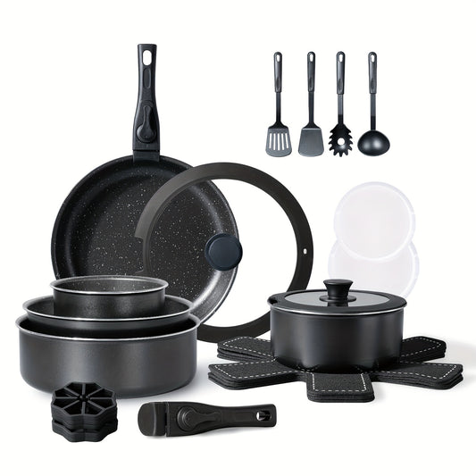 24pcs Nonstick Cookware Set | Comes with Removable Safety Handles (Double-Locking to Prevent Accidental Touch) + Stackable Design to Save 70% Storage Space, PFOA& Cadmium-Free, Multipurpose Cooking Kit for Home Kitchen, RV Ca