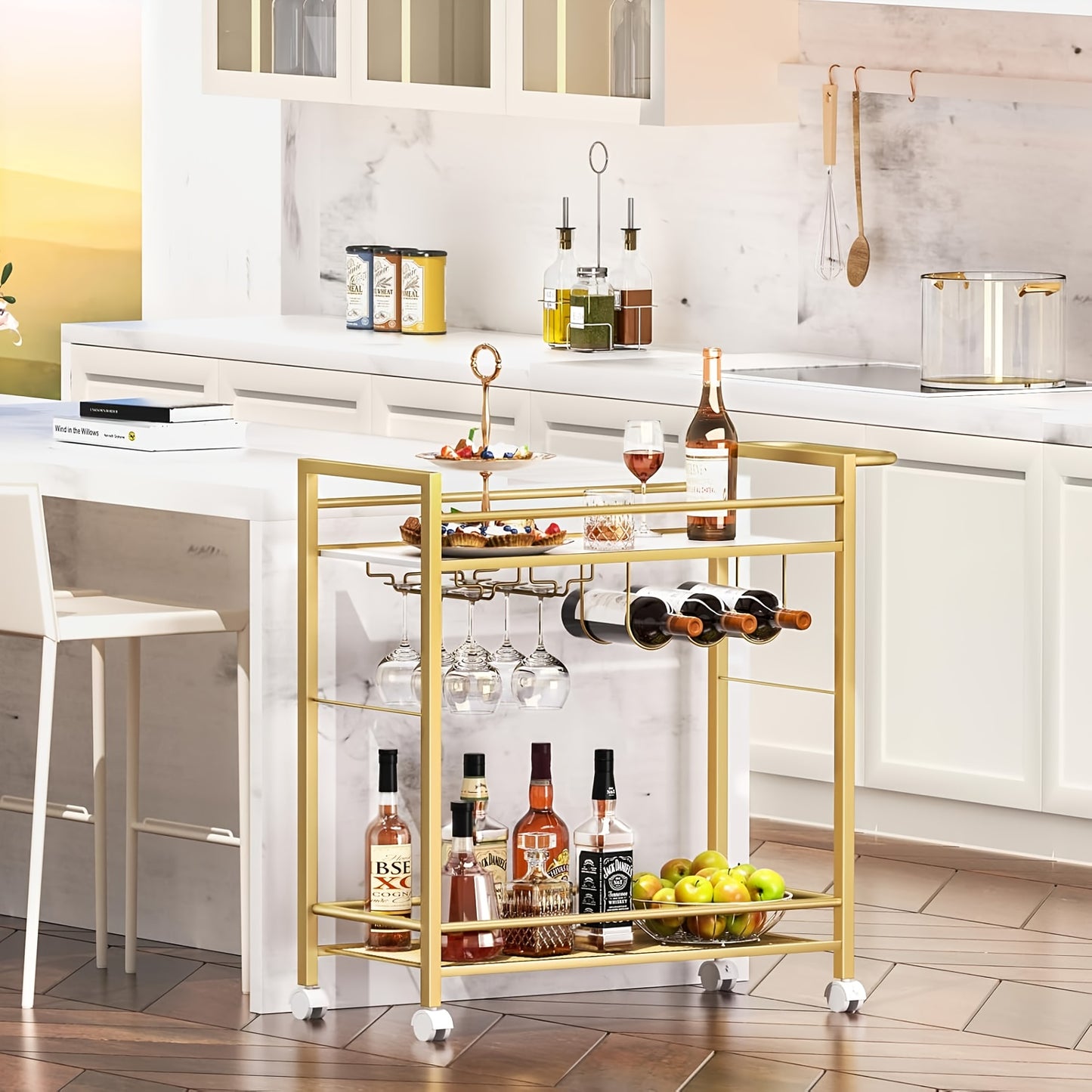 Modern Push Cart with Storage Shelves, Two-Tier Rolling Serving Cart with Wheels, Wine Rack and Glass Holders for Kitchen, Living Room, Dining Room, Lab Use - Golden, Bar Serving Station|Stylish Shelving Unit|Metal Frame Cart