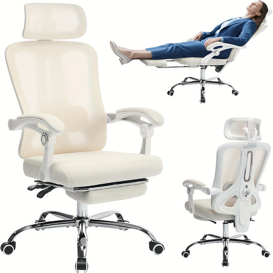 [Ergonomic Office Chair] Ergonomic Office Chair | Mesh Back, Retractable Footrest, Adjustable Headrest & Lumbar Support, Wheels - Beige/Black