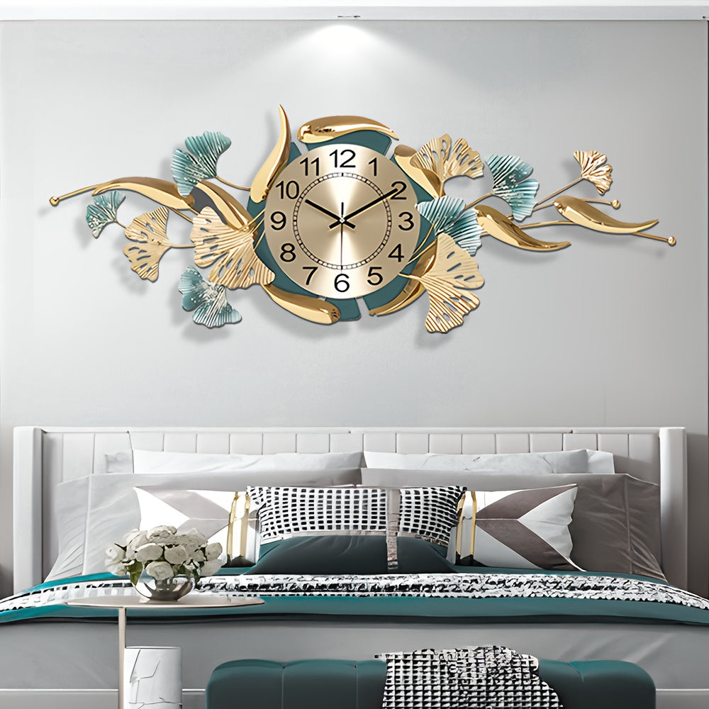 [Luxury Ginkgo Leaf Clock] Luxury Silent Non-Ticking Ginkgo Leaf Metal Wall Clock | 35x13 Inch, Perfect for Living Room, Bedroom, Office Decor