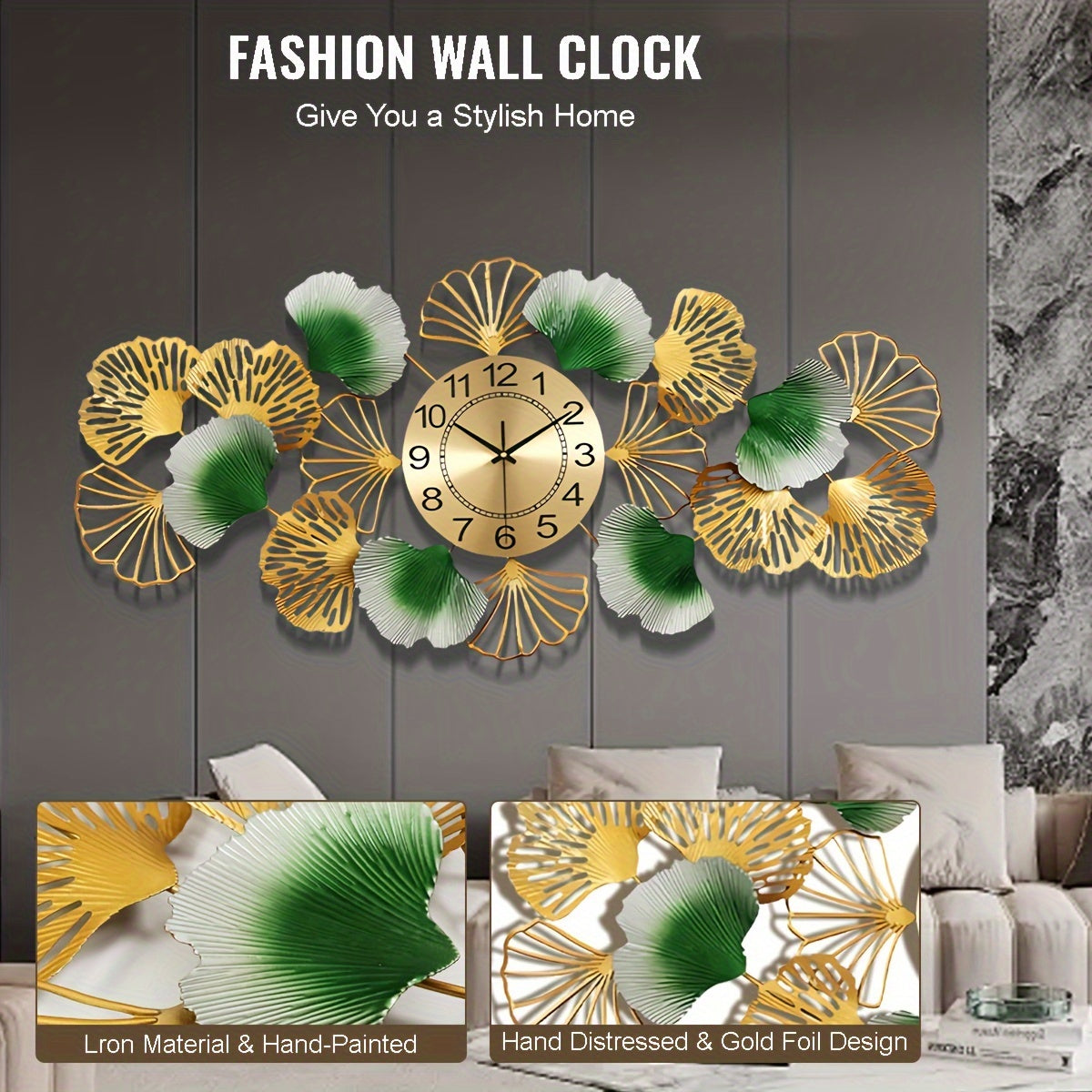 36 Inch Large Wall Clocks For Living Room Decor, Metal Ginkgo Leaf Wall Clock, Silent Non-Ticking Decorative Wall Clocks For Bedroom Kicthen