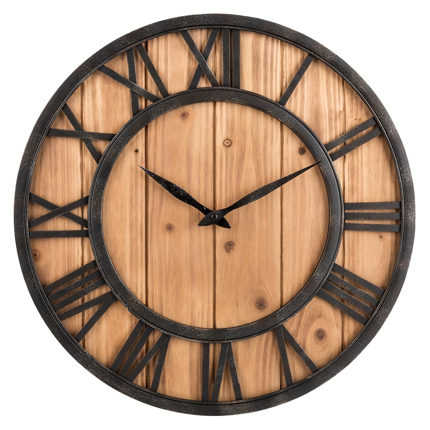 24 Inch Large Modern Farmhouse Wall Clock Rustic Wood with Metal Roman Numerals, Oversized Home Wall Hanging Decorative Clock for Office Kitchen Bedroom Living Room, Silent Battery Operated
