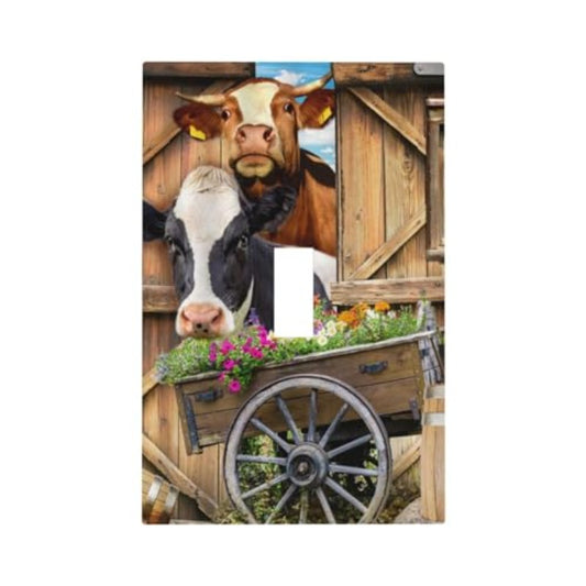 1-Gang Western Rustic Vintage Farm Country Cow Wooden Barn Door Wagon Wheel Animals Decorative Single Toggle Device | Stainless Steel Outlet Light Switch Wall Plate Cover, Oversized Faceplate Cover.