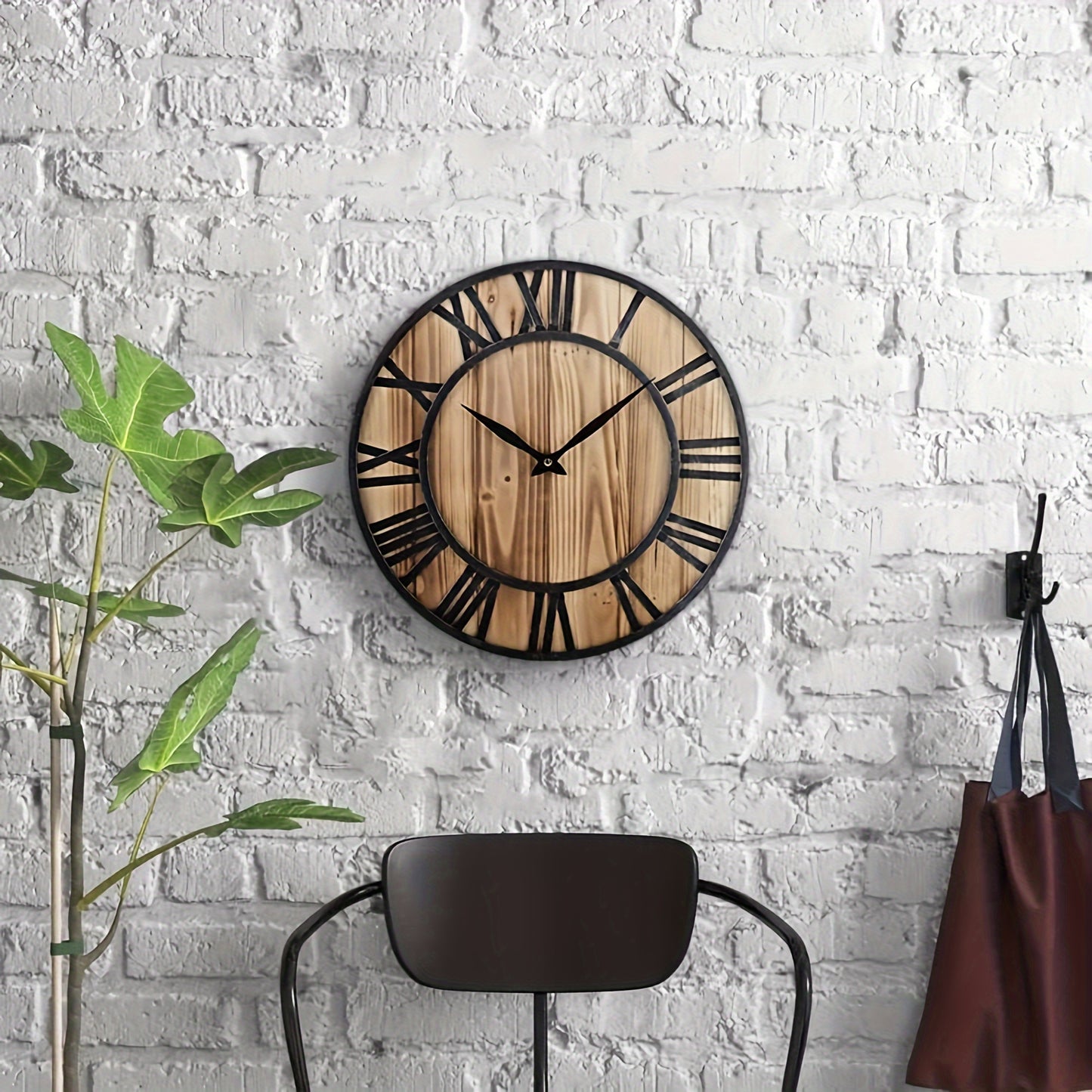 24 Inch Large Modern Farmhouse Wall Clock Rustic Wood with Metal Roman Numerals, Oversized Home Wall Hanging Decorative Clock for Office Kitchen Bedroom Living Room, Silent Battery Operated