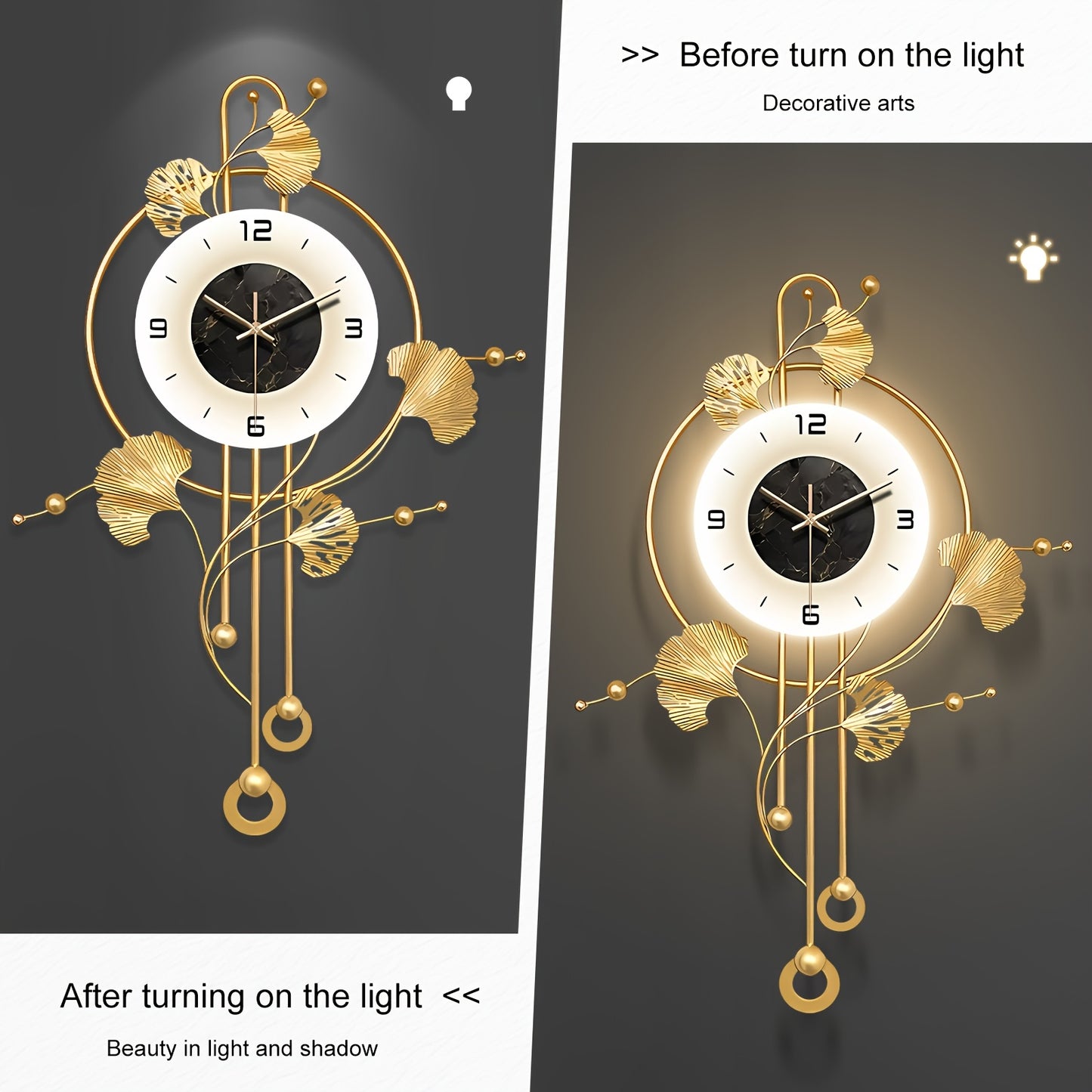 Elegant Decorative Wall Clock with LED Light, 28x20in Metal Ginkgo Leaf Wall Clock, Modern Silent Metal Timepiece, Creative Wall Art Clocks Home Accent, Large Golden Wall Clock