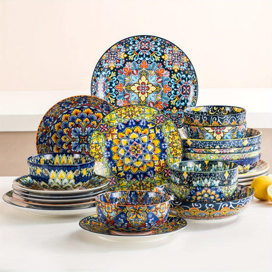 Dinner Sets for 6 People, Double Sided Printing Tableware Set, Multicolor Dining Set Simi Dinnerware Dish Set Artisanal 24pcs with Dinner Plate, Dessert Plate, Pasta Bowl AndCereal Bowl, Boho Colourful Tableware, Dishwasher A