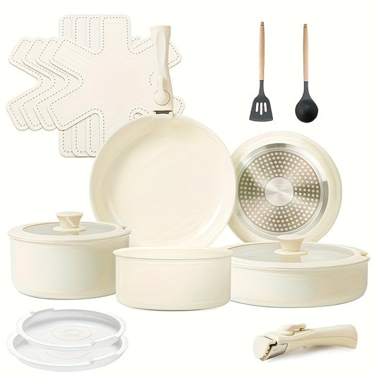 17pcs Ceramic Nonstick Kitchen Pots And Pans Set Cookware Sets With Removable Handles, Non-toxic Essential RV Kitchen Set, Oven & Dishwasher Safe, Stackable, Induction Ready, Including Frying Pans, Sauce Pans, Beige, PFOA Fre