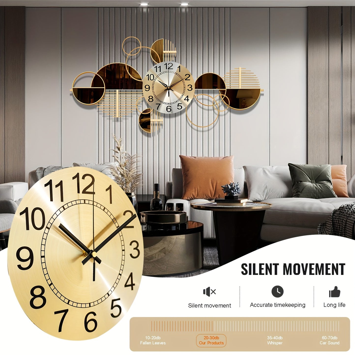 Metal Wall Clock Decorative 3D Metal Wall Art Clock For Living Room Bedroom Creative Modern Big Wall Clock Decor With Silent No-Ticking 34 X 17 Inch