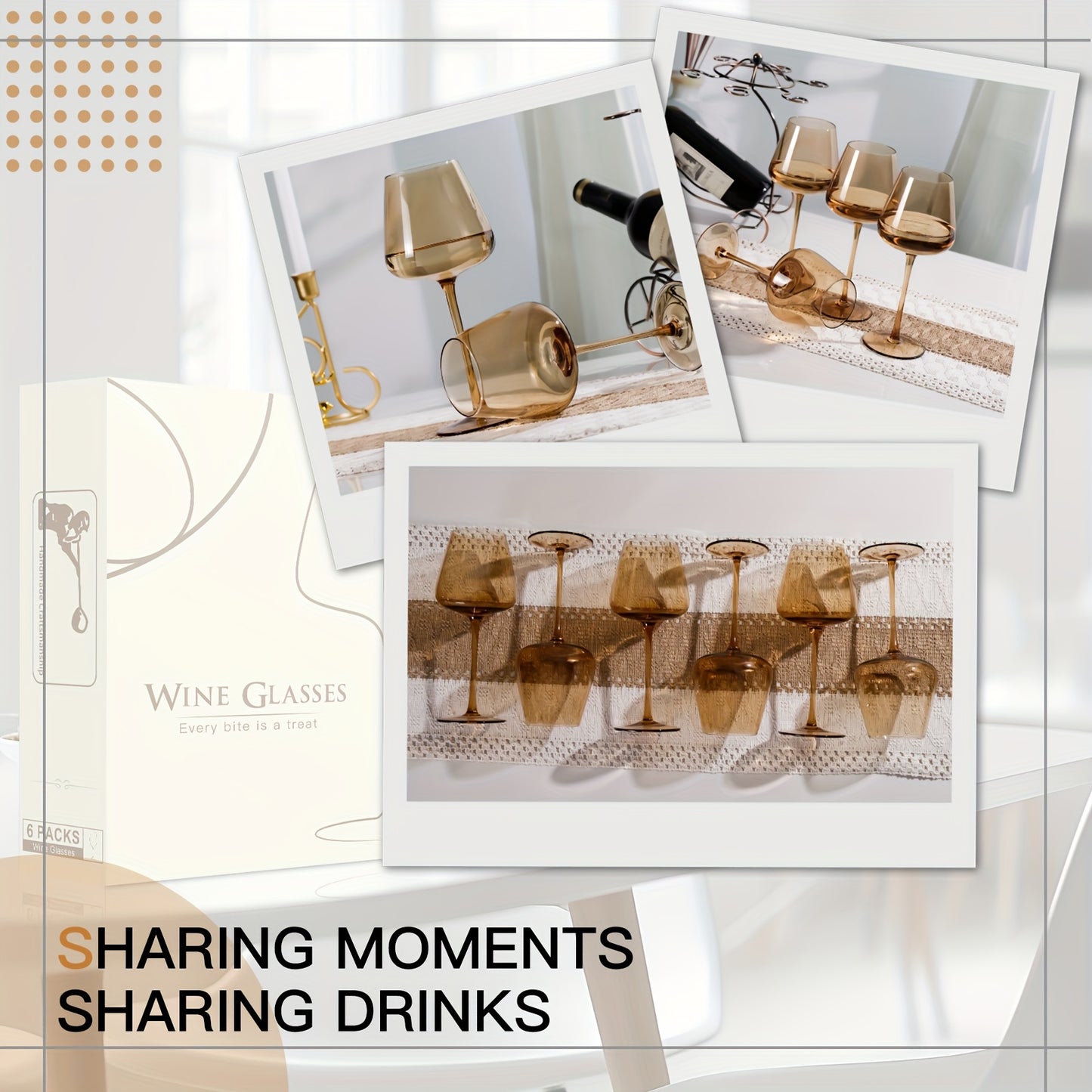 Amber Wine Glasses Set 6-18oz[Hand-Blown] Unique Wine Glasses, Crystal Amber Wine Glass Set, Amber Glassware Drinking Glasses For Red White Wine For Christmas Bar Party