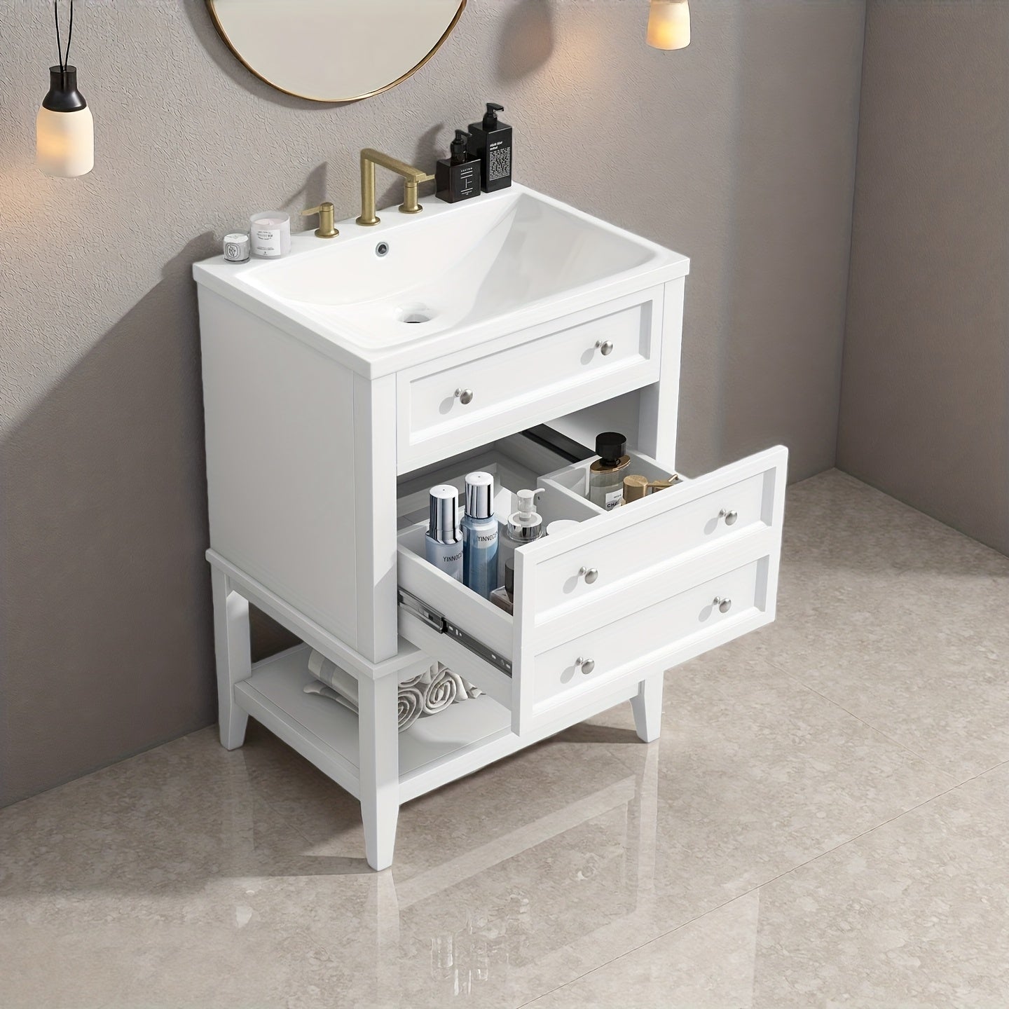 24 Inch Bathroom Vanity with Sink, Solid Wood Frame Storage Cabinet, Freestanding, White