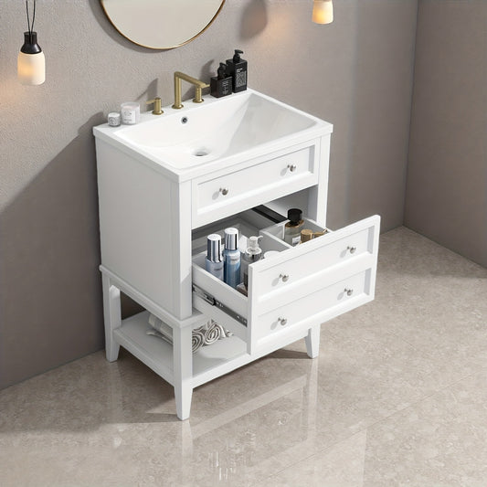 24 Inch Bathroom Vanity with Sink, Solid Wood Frame Storage Cabinet, Freestanding, White