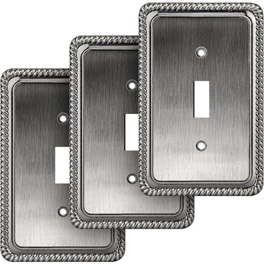 3 Pack Henne Bery Rope Edge Decorative Wall Plate | Single Toggle Switch Plate Outlet Cover, Heirloom Silver, Stainless Steel