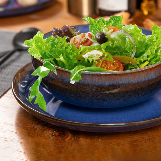 12pcs Starry Blue Ceramic Dinnerware Set - A Reactive Change Glaze Dish Set Including Plates, Pasta Bowls, And Soup Bowls, Serving 4 People, Modern Stoneware Dishes, Suitable For Gifting, Valentine'S Day, Parties, And Wedding