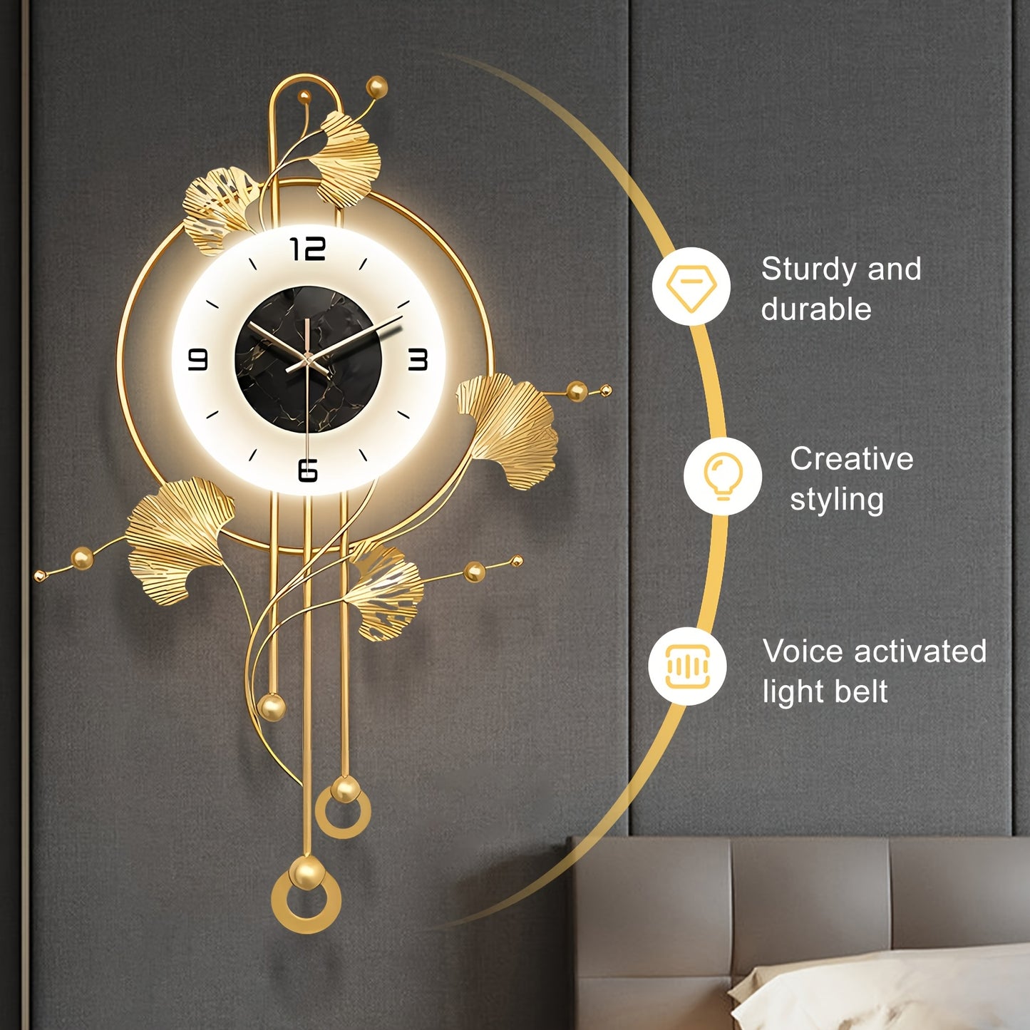 Elegant Decorative Wall Clock with LED Light, 28x20in Metal Ginkgo Leaf Wall Clock, Modern Silent Metal Timepiece, Creative Wall Art Clocks Home Accent, Large Golden Wall Clock