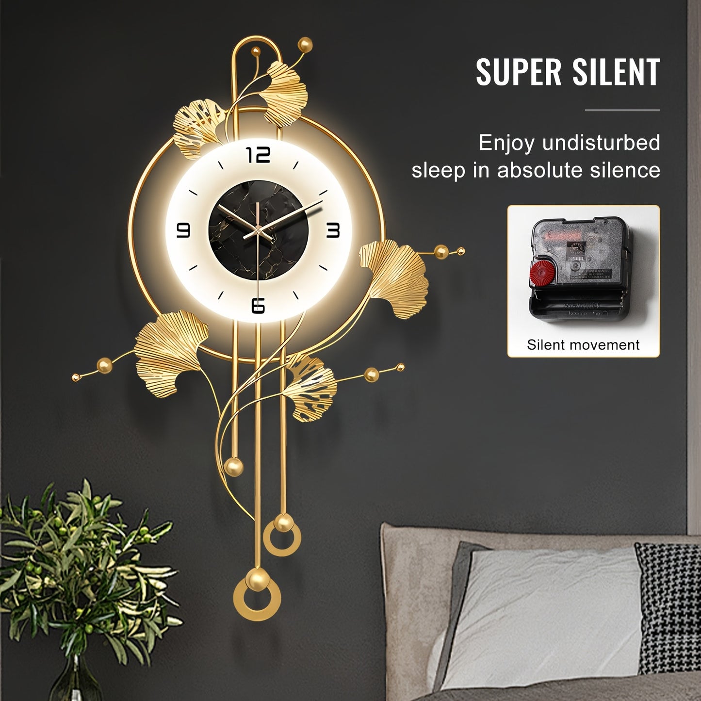 Elegant Decorative Wall Clock with LED Light, 28x20in Metal Ginkgo Leaf Wall Clock, Modern Silent Metal Timepiece, Creative Wall Art Clocks Home Accent, Large Golden Wall Clock