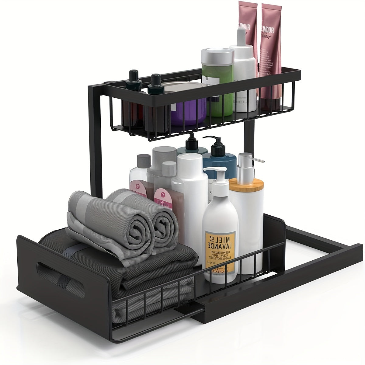 2 Pack L-Shaped Under Sink Organizer, 2 Tier Slide Out Sink Shelf Cabinet Storage Shelves, Under Sink Storage For Kitchen Bathroom Cabinet, Pull Out Cabinet Organizer, Height-adjust Design, Space Saver & Time Saver