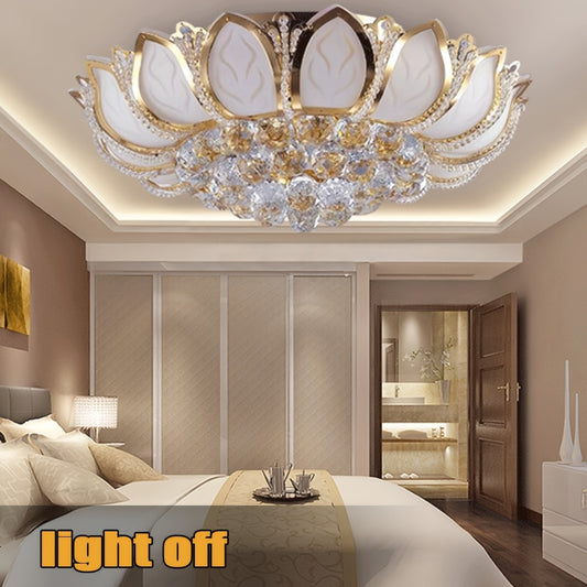 Lotus Flower Shape Crystal Ceiling Light, Golden Modern Chandelier With 60 Crystal Balls, Easy Install Indoor Lighting Fixture For The Living Room, Dining Room, Study Room, Bedroom, Kitchen, Lobby, Hallway, E12 (without Light