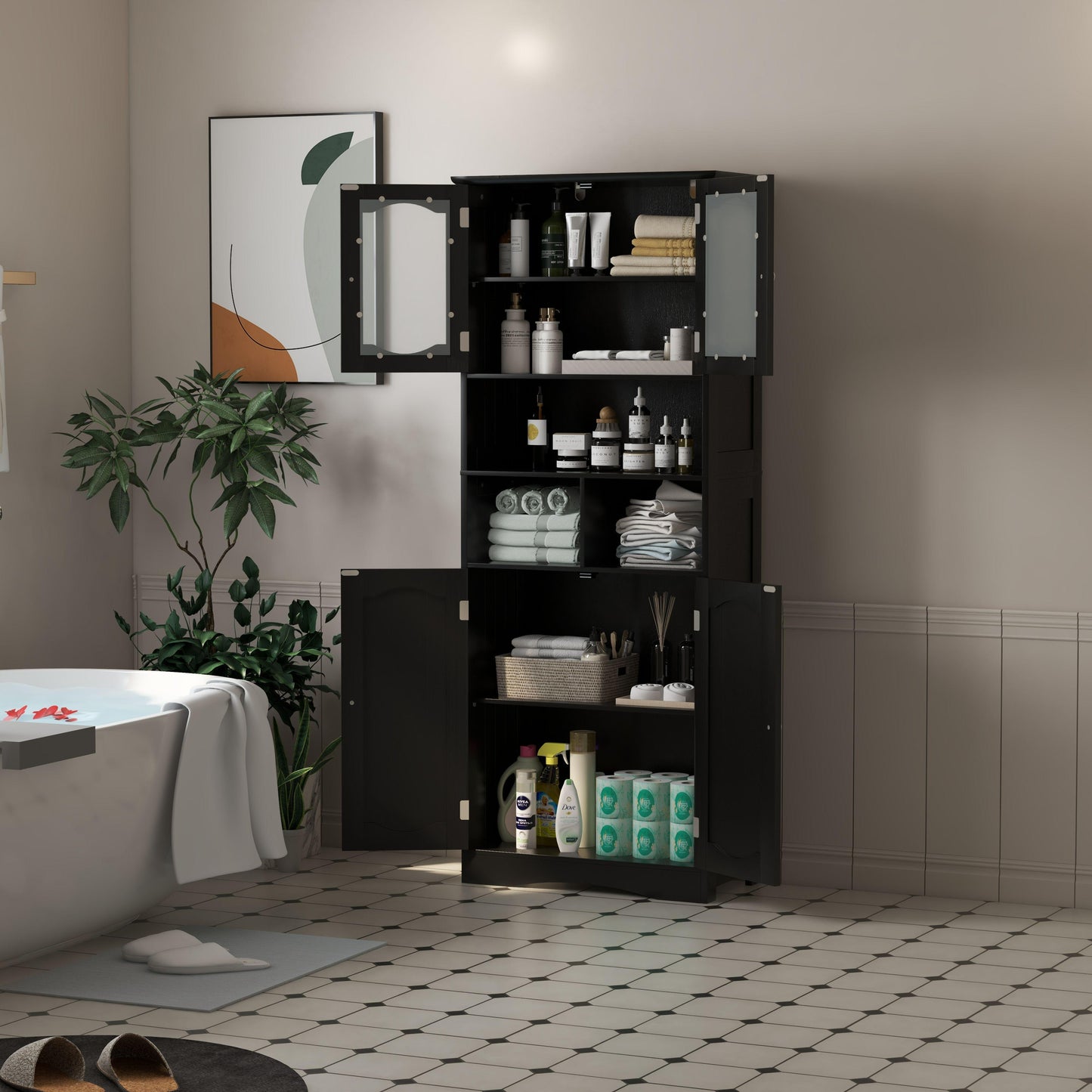 LIFEZEAL 58.5" Tall Bathroom Storage Cabinet, Freestanding Linen Cabinet with Frost Glass Doors and Shelves, Black/White