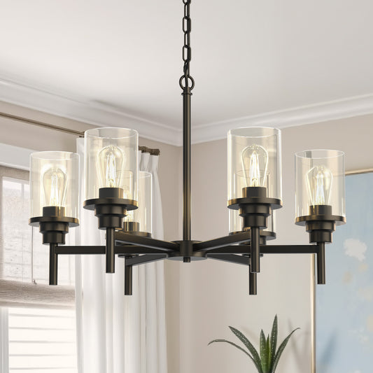 6-Light Modern Chandelier with Clear Glass Shades & Black Metal Branch Design - Semi-Flush Mount, E26 Socket (Bulb Not Included), 24.8" Width for Dining Room, Living Room, Bedroom, Kitchen Island, Bedroom Lighting, Contempora