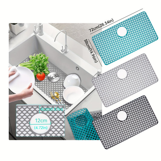 1 Extra-Large Silicone Sink Mat, 28.3×15 Inches, Heat-Resistant, Non-Slip, Grid Drainage Center Pad, Portable Drying Mat, Suitable for Home Kitchen Countertops and Kitchen Drains