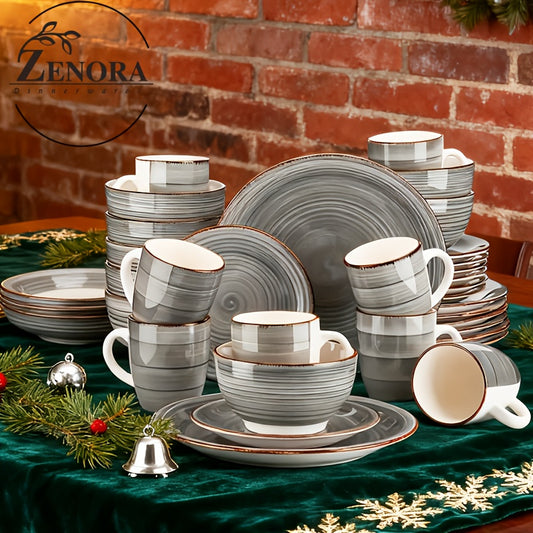 Zenora 32pcs Dinnerware Set, Classic Grey Handmade Porcelain Bowls And Plates. Dishwasher & Microwave & Oven Safe. Healthy Stoneware Tableware for Restaurant And Home Kitchen Use. Elegant Gift for Christmas & Thanksgiving Day