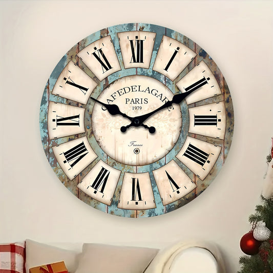 Rural Vintage Roman Numeral Large Wooden Wall Clock, 12-24 Inches Round Silent Clock, Powered By AA Batteries, Retro Rural Farmhouse Clock, Suitable for Living Room, Bedroom, Office, Patio, Outdoor Wall Decoration, Ideal Gift