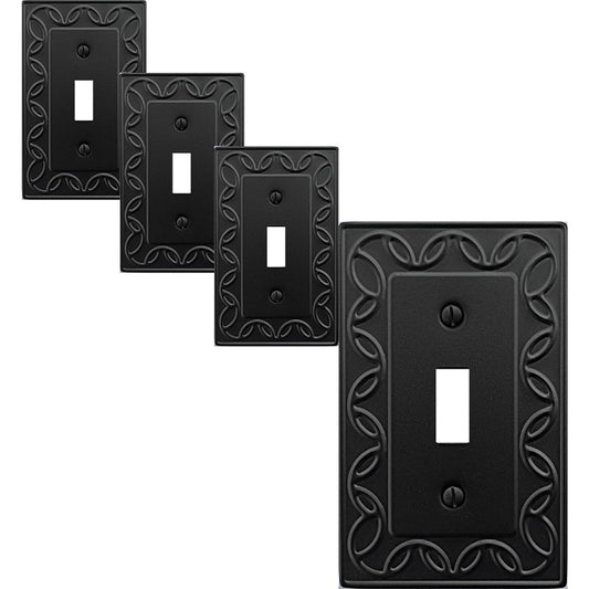 Set of Four Black Metal Wall Plates for Single Duplex Outlets, Designed for Light Switches And Receptacles, Featuring a Decorative And Durable Finish.