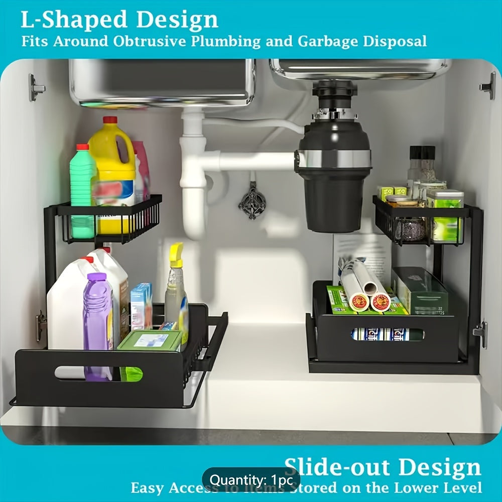 2 Pack L-Shaped Under Sink Organizer, 2 Tier Slide Out Sink Shelf Cabinet Storage Shelves, Under Sink Storage For Kitchen Bathroom Cabinet, Pull Out Cabinet Organizer, Height-adjust Design, Space Saver & Time Saver