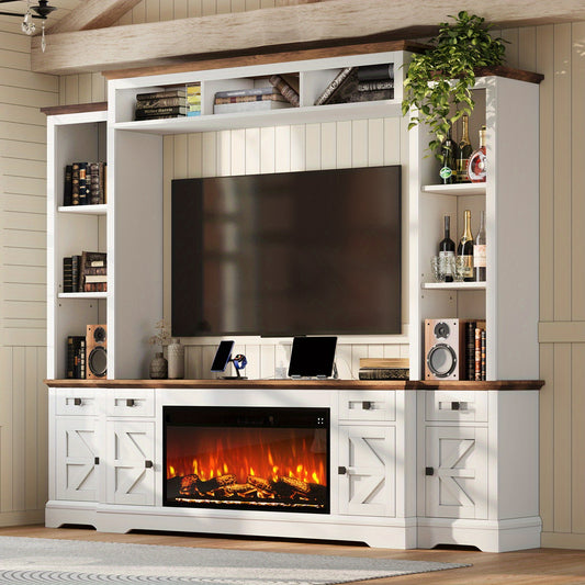 Farmhouse Wall-Mounted TV Stand with Electric Fireplace, Built-In Power Outlets & Storage Drawers - Rustic Modern Entertainment Center with Bookshelves, MDF Media Console for Living Room, Tv Stands for Living Room, Home Theat