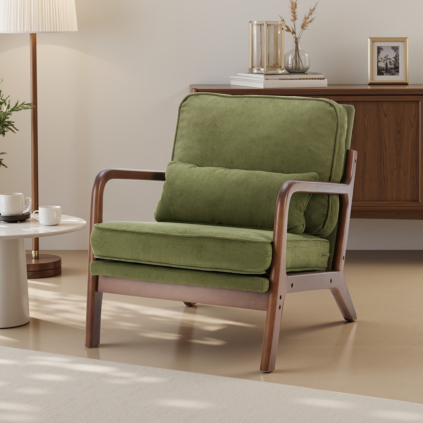 Mid Century Modern Accent Chair with Arms - Heavy-Duty 300 Weight Capacity Ergonomic Lounge Chair, Solid Wood Frame & Green Upholstery-like Foam Cushion (No Fabric for legs) Living Room, Bedroom, Office